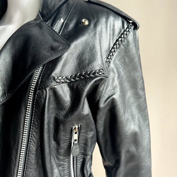 Vintage Black Leather Braided Detail Motorcycle Jacket M/L - Picture 6 of 10
